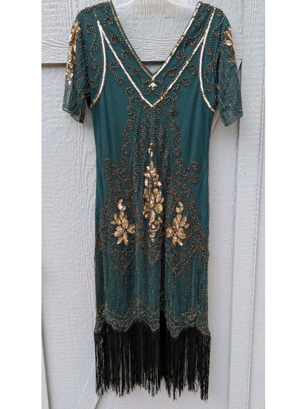 Babeyond 1920's Inspired Flapper Dress Women's Size L Green W/Gold , Blk Tassels
